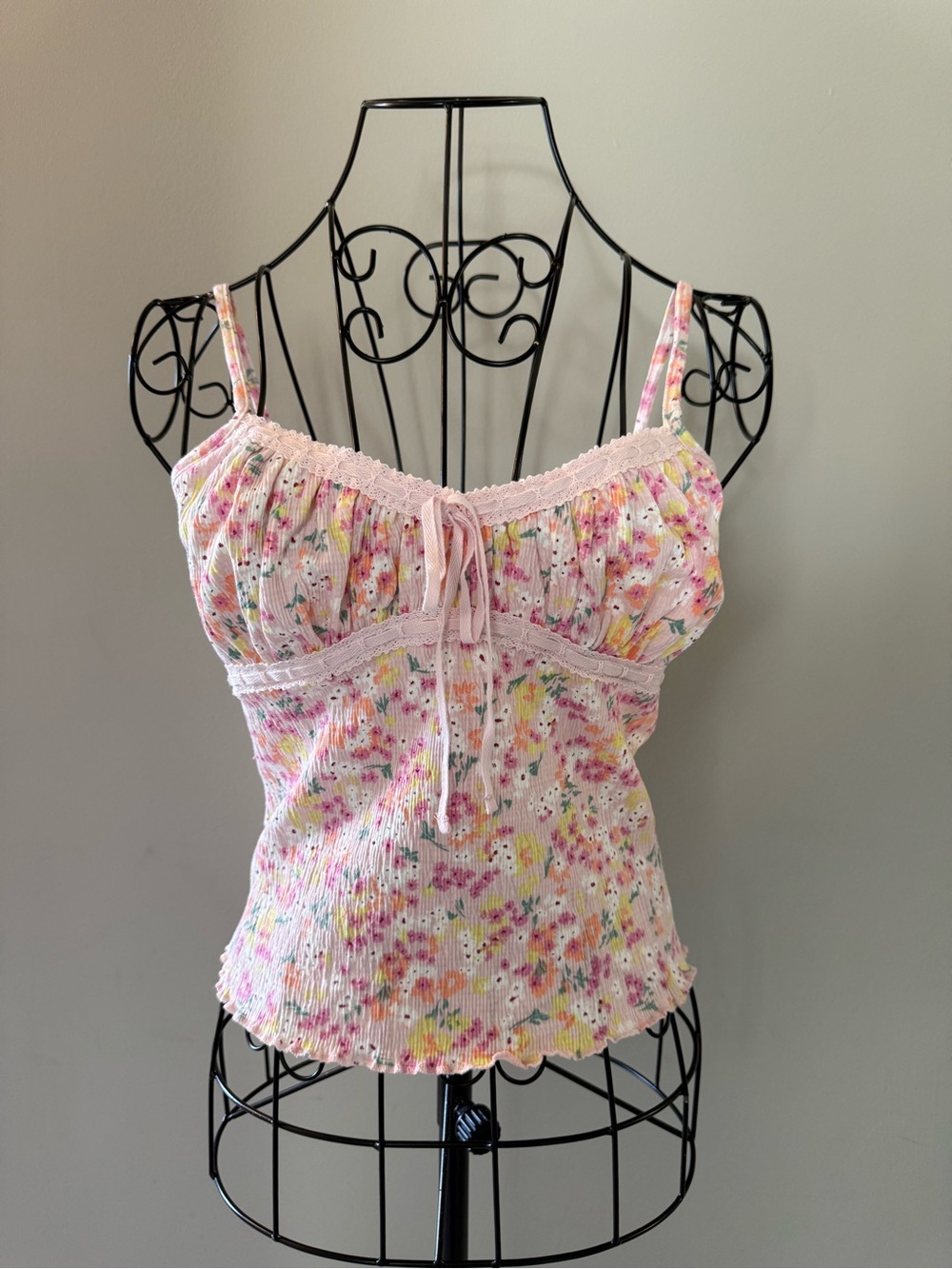 Pink Floral Lace Trim Cami Top, NWT